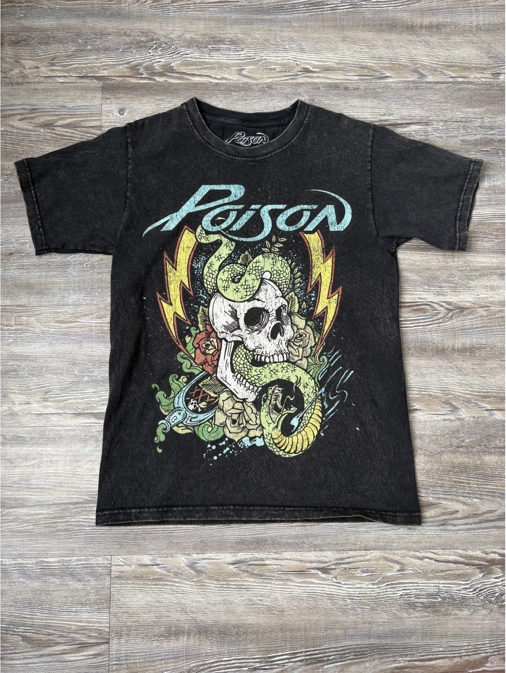 Poison Band T-Shirt XS Skull Snake Graphic Acid Wash Black 2022 Rock Tee